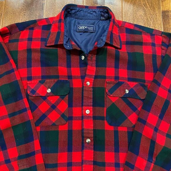 Astor One Vintage 80s Plaid Red Navy Green Flannel Shirt Men's Size Medium - Picture 2 of 8